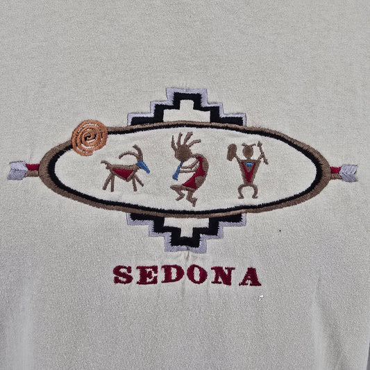 Vintage 1990s P.S.I. Beige Embroidered Sedona Kokopelli Graphic T-Shirt (M)