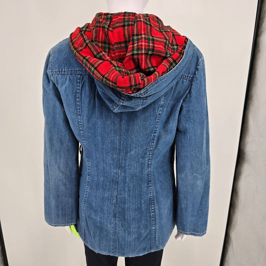Vintage Late 1970s Mulberry Street Tartan Lined Hooded Denim Utility Jacket (M)