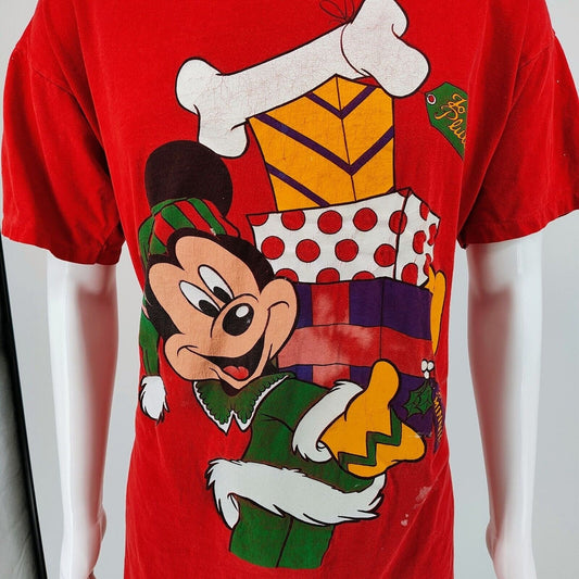 Vintage 1990s Single Stitch Disney Store Mickey Mouse Christmas Red T-Shirt (XL)