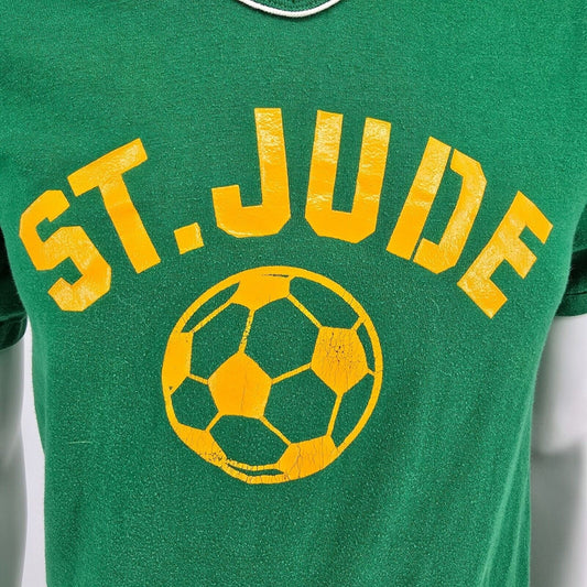 Vintage 1970s Russell Athletic St. Jude Soccer #3 Green/Gold Jersey T-Shirt (S)