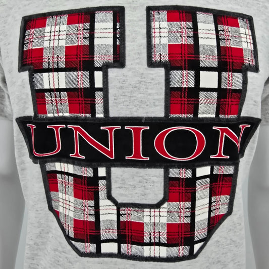 Vintage 1990s Jerzees Activewear Union U Plaid Logo Graphic T-Shirt (M) *Stains