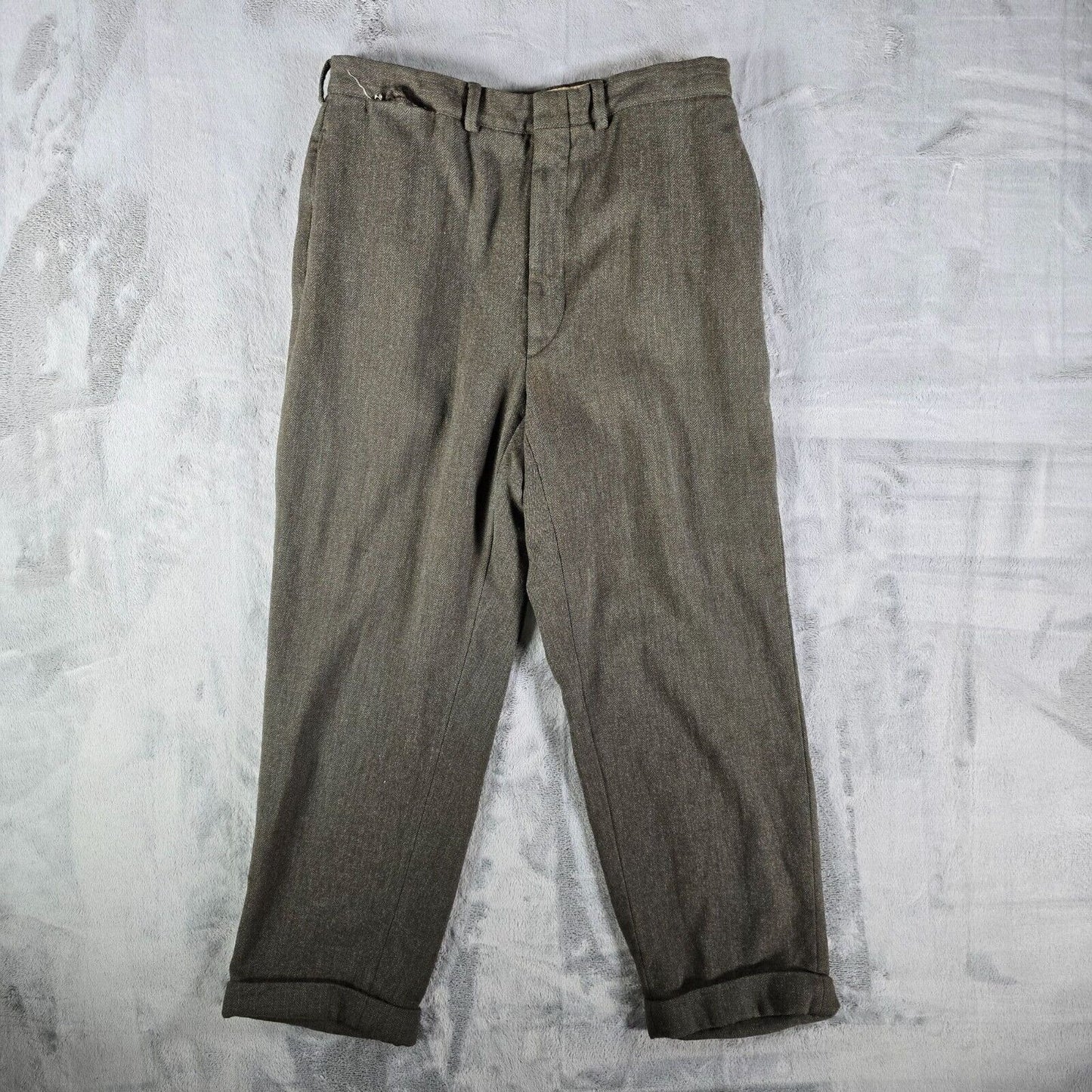 Vintage Late 1950s Hickey Freeman Green Herringbone Twill Wool Trousers (31x26)