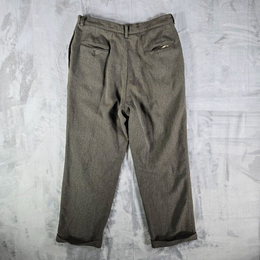 Vintage Late 1950s Hickey Freeman Green Herringbone Twill Wool Trousers (31x26)