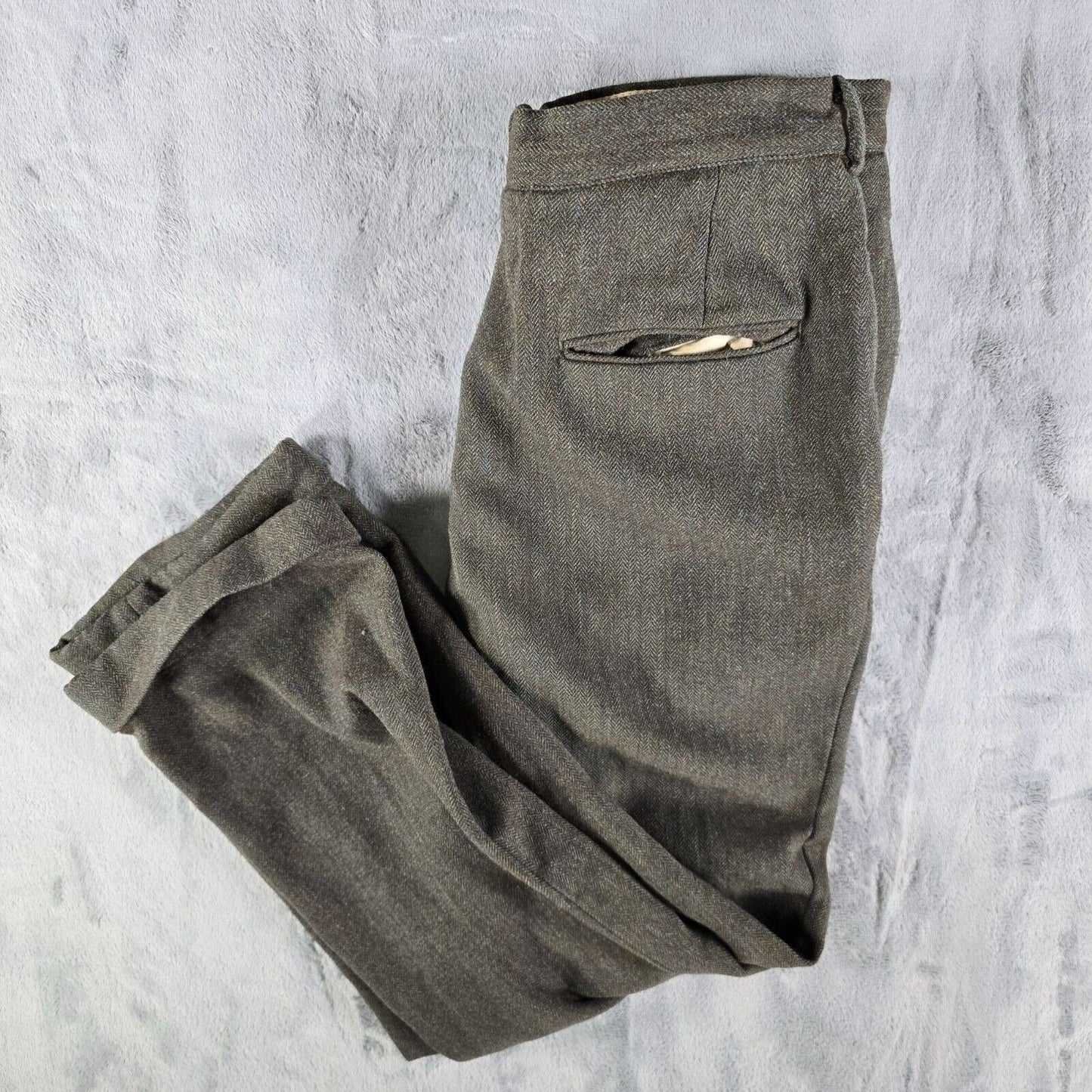 Vintage Late 1950s Hickey Freeman Green Herringbone Twill Wool Trousers (31x26)