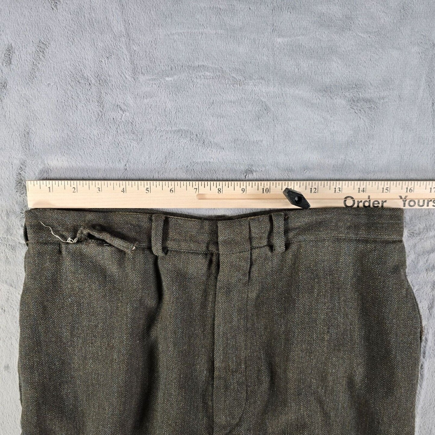 Vintage Late 1950s Hickey Freeman Green Herringbone Twill Wool Trousers (31x26)