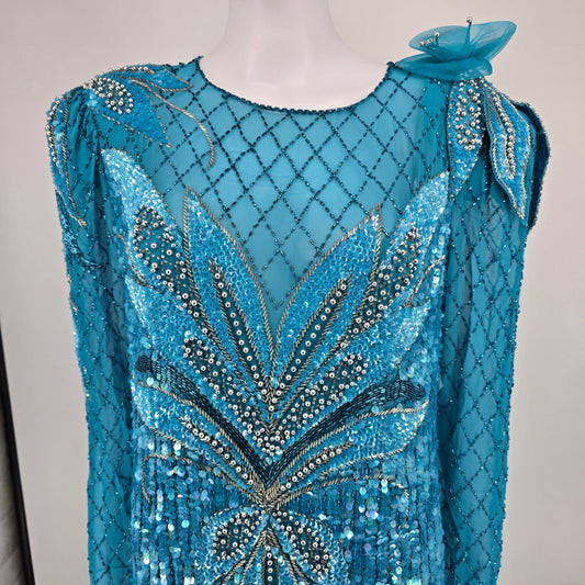 Vintage 1980s Teal Blue Sequined/Beaded Maxi Dress Evening Gown (Size 14/L)