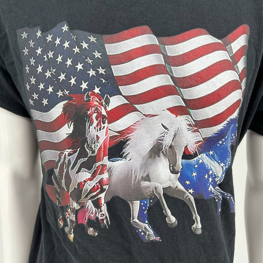 2010s Gildan Heavy Cotton Patriotic Horse & Flag Black Graphic T-Shirt (L)