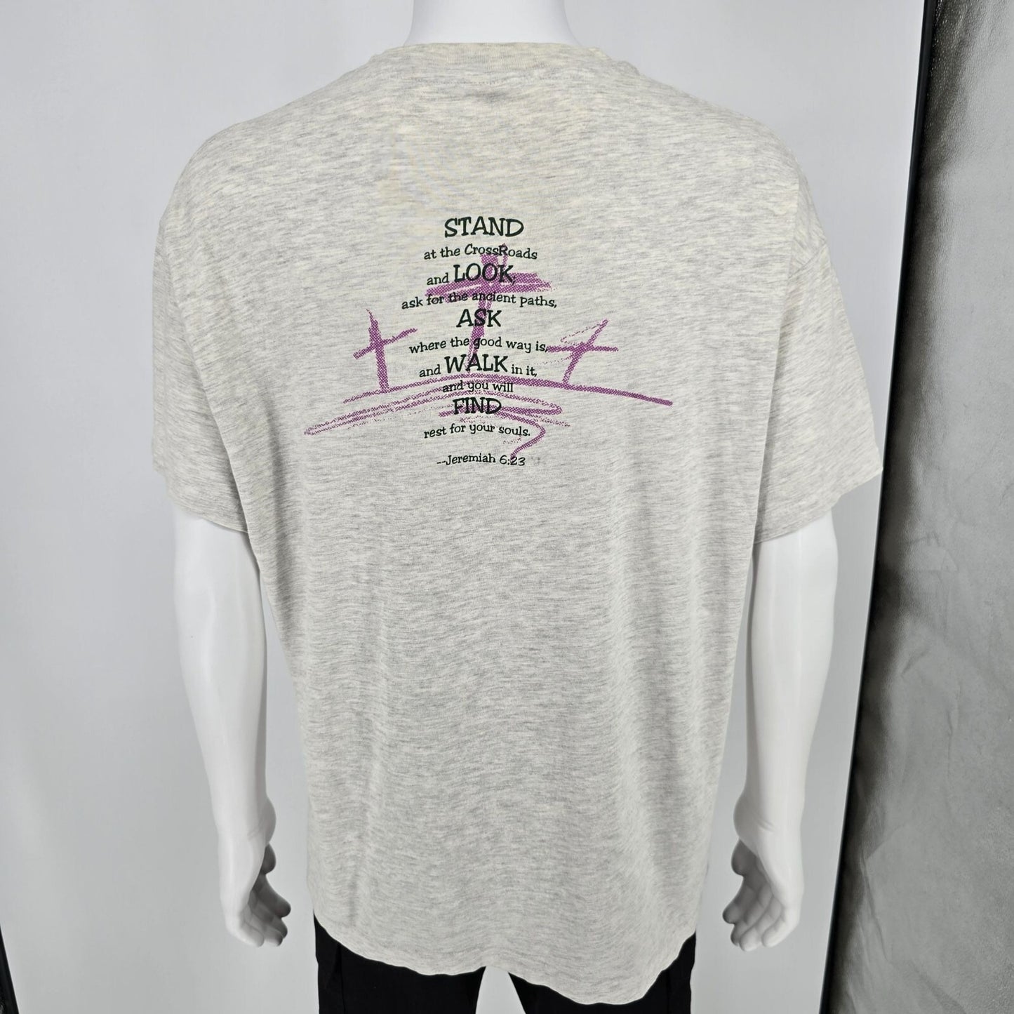 Yellowed Vintage 1990s Hanes Crossroads Fellowship Jeremiah 6:23 T-Shirt (XL)
