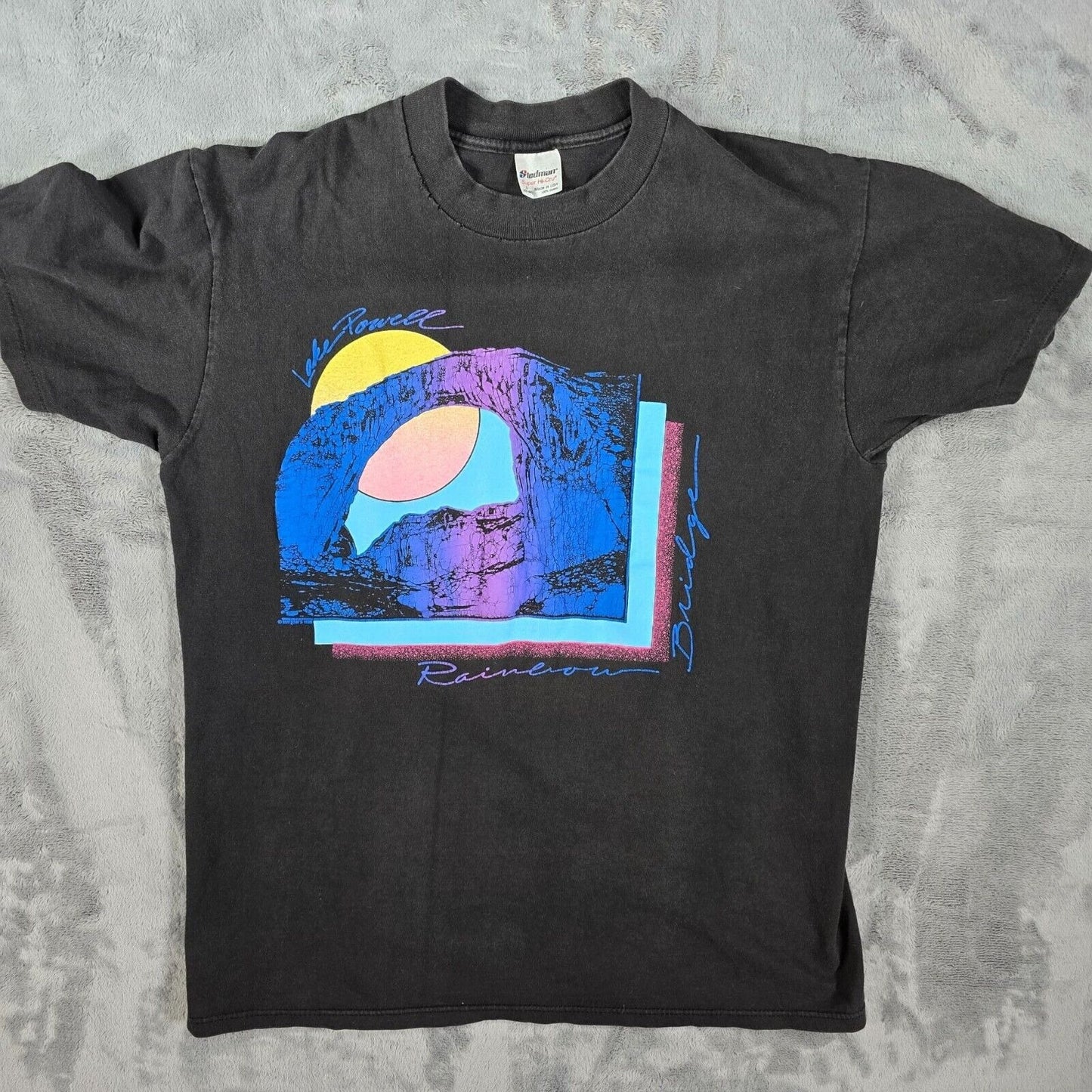 Vintage 1980s Lake Powell Rainbow Bridge Utah Black Graphic Art T-Shirt (L)