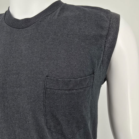 Vintage Early 1980s Pocket Muscle Faded Black Blank Sleeveless T-Shirt (M)