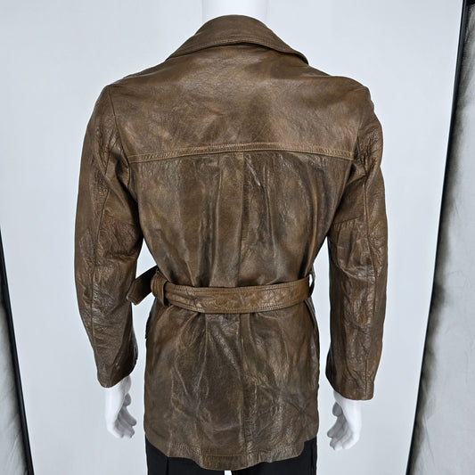 Vintage 1970s Unbranded Made in USA 4-Pocket Brown Leather Safari Jacket (Small)