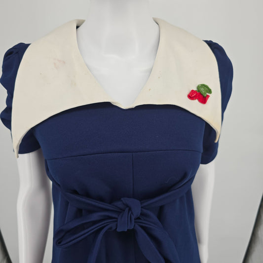 Vintage 1970s Navy Blue/White Cherry Applique Mod Babydoll Mini Dress (Small)