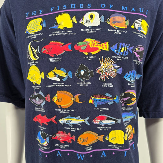 Vintage 1990s Jerzees "The Fishes of Maui Hawaii" Navy Blue T-Shirt (2XL) *Flaw