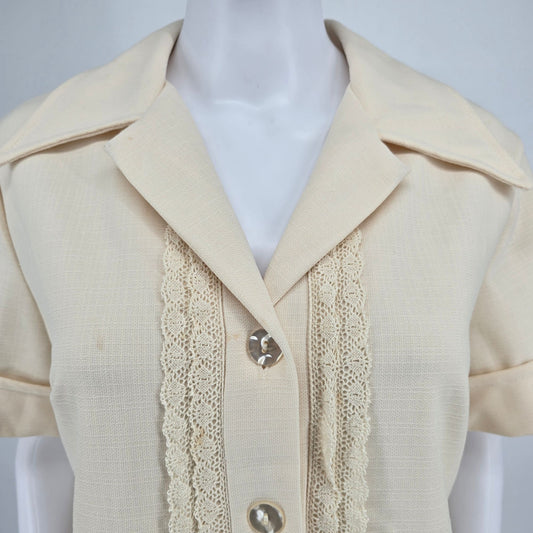 Vintage 1970s Ivory Knit A-Line Button Front Wide Collar Shirt Dress (Size 14/L)