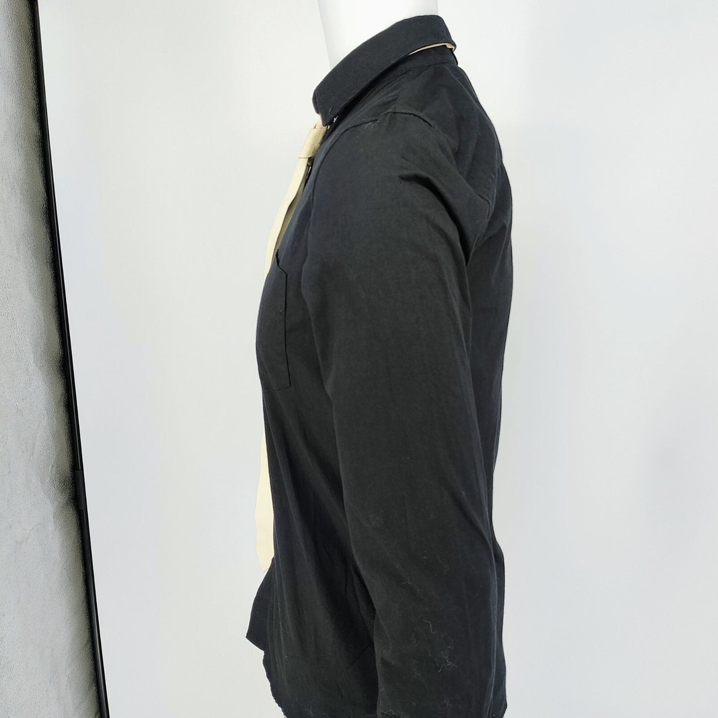 R13 2015 F/W Unisex Luxury Black Button-Down Shirt With Beige Leather Tie (XS)