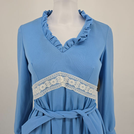 Vintage 1970s Blue Ruffle Neck Empire Waist Belted Maxi Dress (6/S)