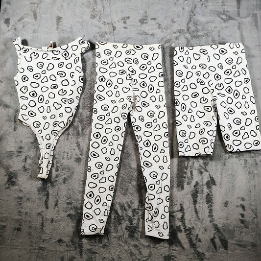 Vintage 1990s Womens White Leopard Leotard, Shorts, and Leggings 3 Piece Set (S)