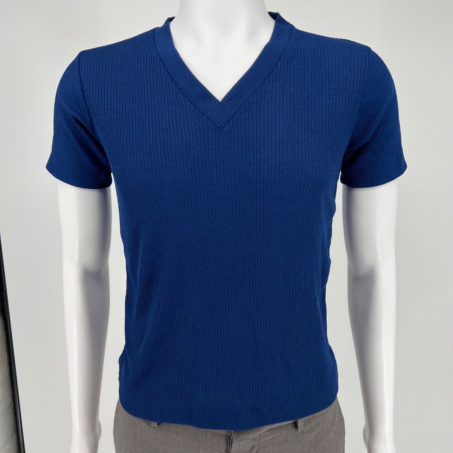 Vintage 1980s Blue Sears Made in Singapore Polyester Ribbed V-Neck Shirt (S)