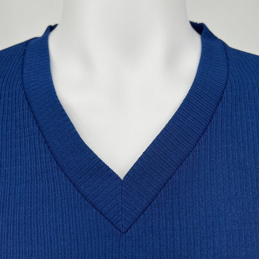 Vintage 1980s Blue Sears Made in Singapore Polyester Ribbed V-Neck Shirt (S)