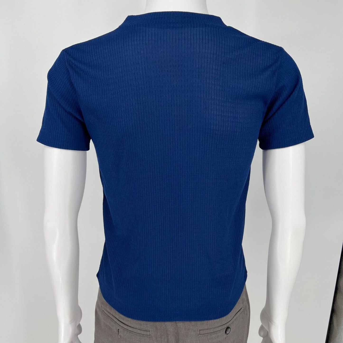 Vintage 1980s Blue Sears Made in Singapore Polyester Ribbed V-Neck Shirt (S)