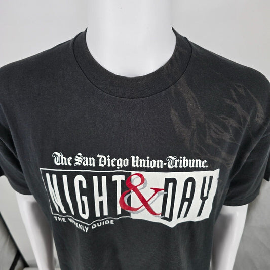 Thrashed Vintage 1990s San Diego Union-Tribune Night & Day Black T-Shirt (XL)