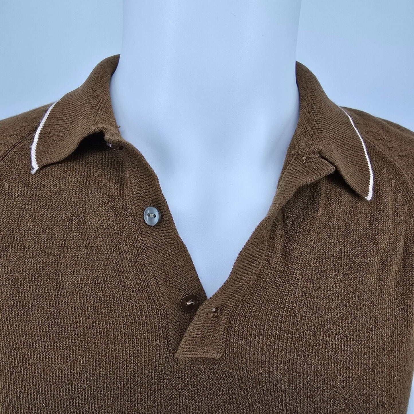 Vintage 1960s Mod Brown Knit Short Sleeve Contrast Trim Polo Shirt (XXS)