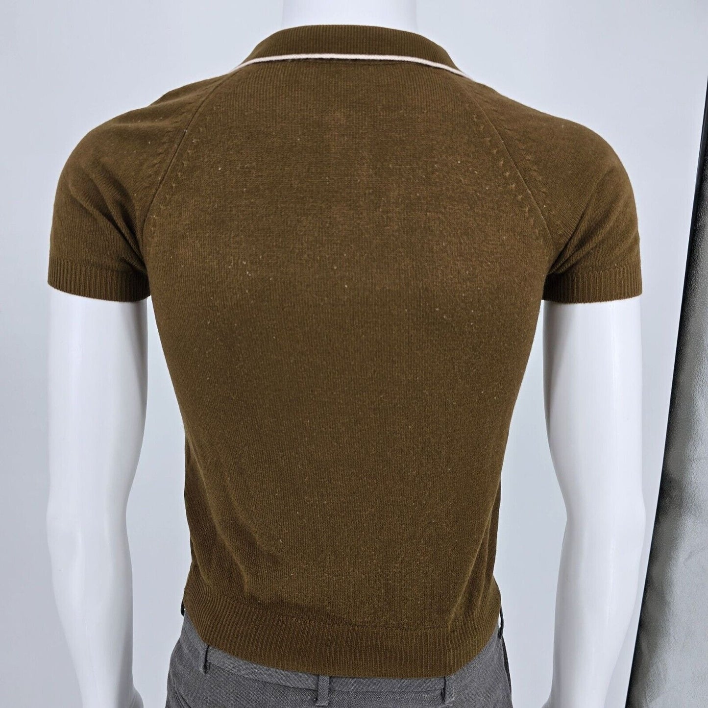 Vintage 1960s Mod Brown Knit Short Sleeve Contrast Trim Polo Shirt (XXS)