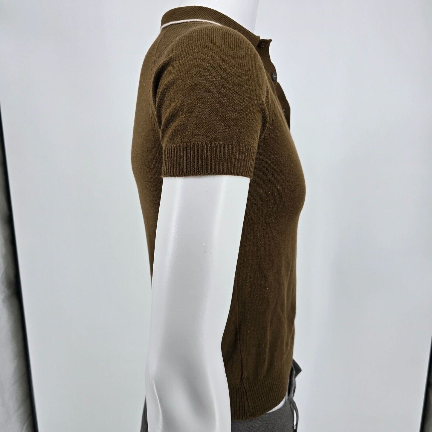 Vintage 1960s Mod Brown Knit Short Sleeve Contrast Trim Polo Shirt (XXS)