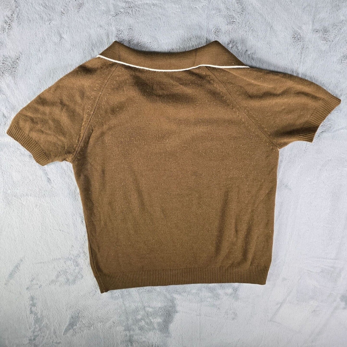 Vintage 1960s Mod Brown Knit Short Sleeve Contrast Trim Polo Shirt (XXS)