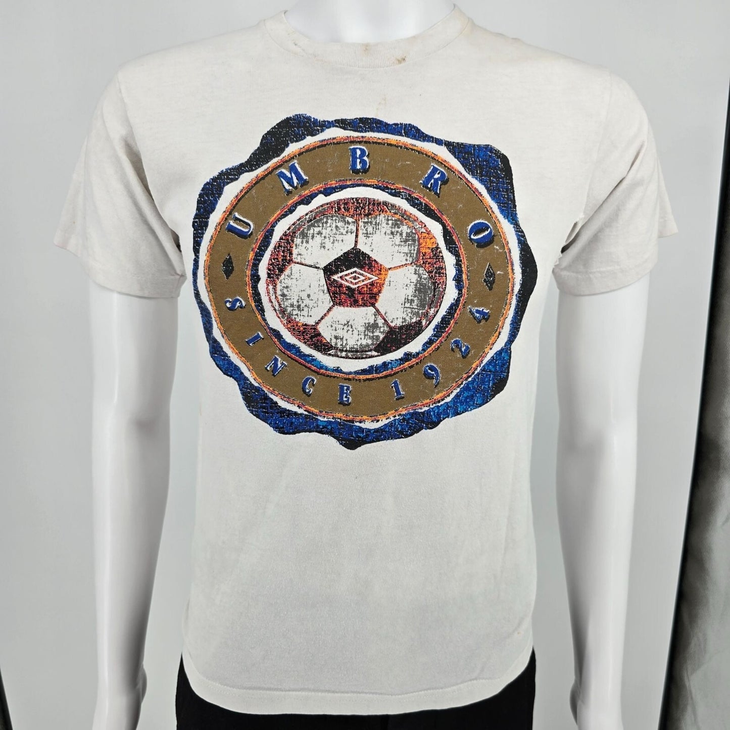 Thrashed Vintage 1990s White "Since 1924" Umbro Soccer T-Shirt (Youth Large)