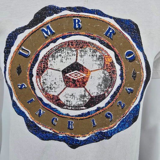 Thrashed Vintage 1990s White "Since 1924" Umbro Soccer T-Shirt (Youth Large)