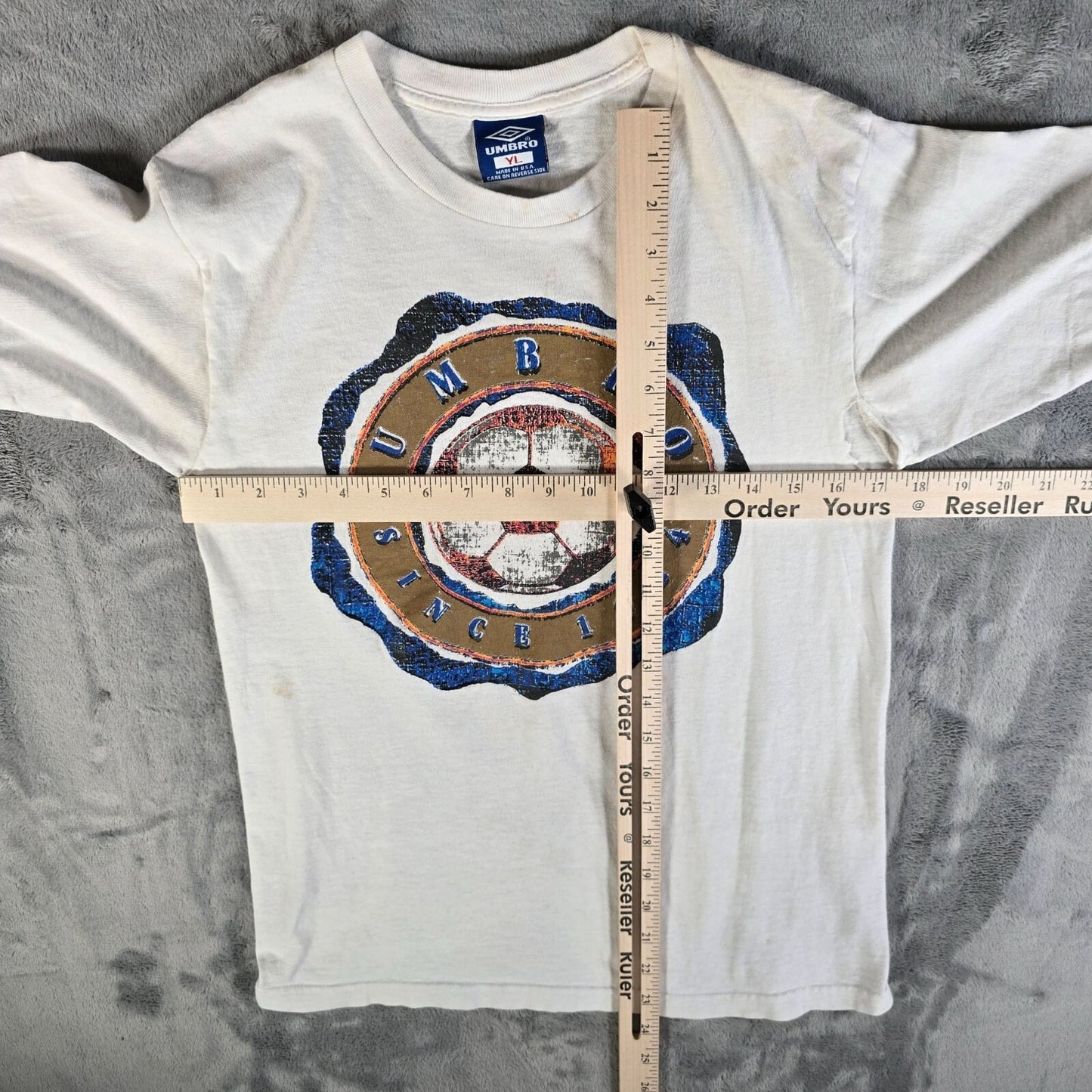 Thrashed Vintage 1990s White "Since 1924" Umbro Soccer T-Shirt (Youth Large)