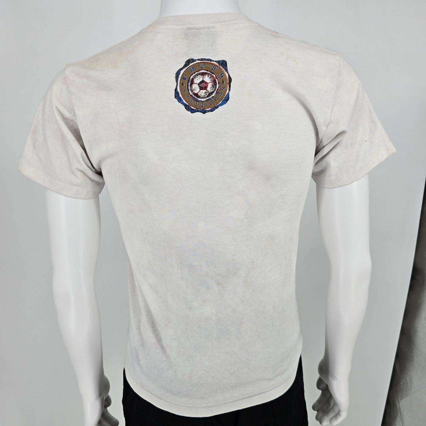 Thrashed Vintage 1990s White "Since 1924" Umbro Soccer T-Shirt (Youth Large)