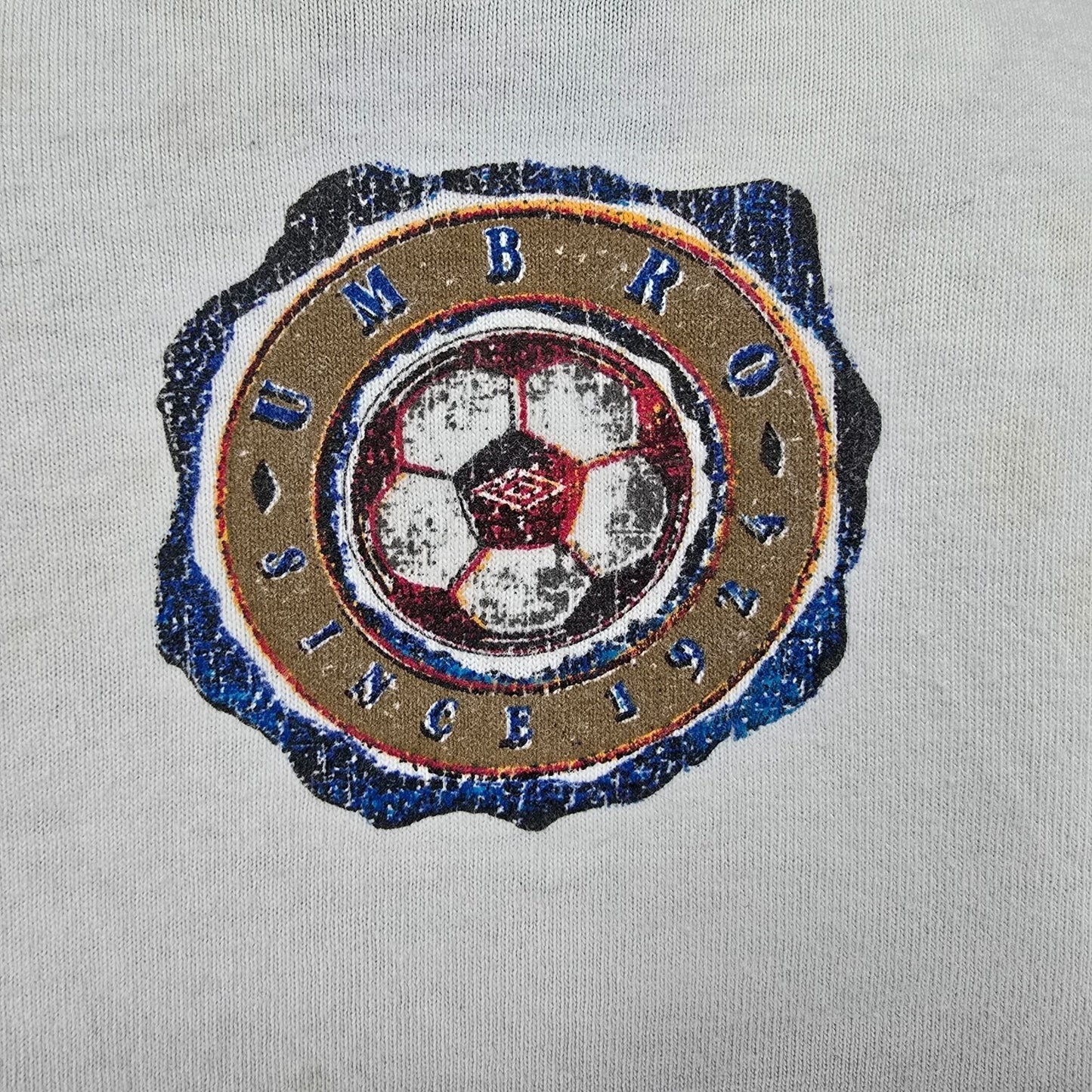 Thrashed Vintage 1990s White "Since 1924" Umbro Soccer T-Shirt (Youth Large)
