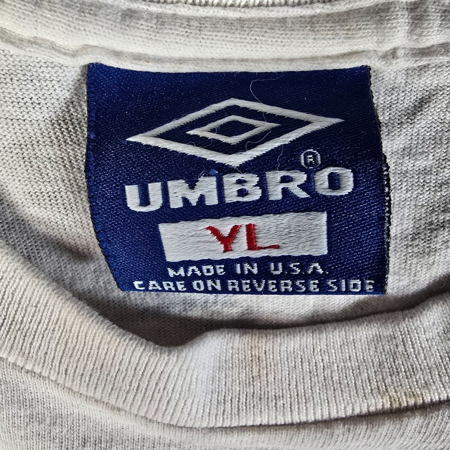 Thrashed Vintage 1990s White "Since 1924" Umbro Soccer T-Shirt (Youth Large)