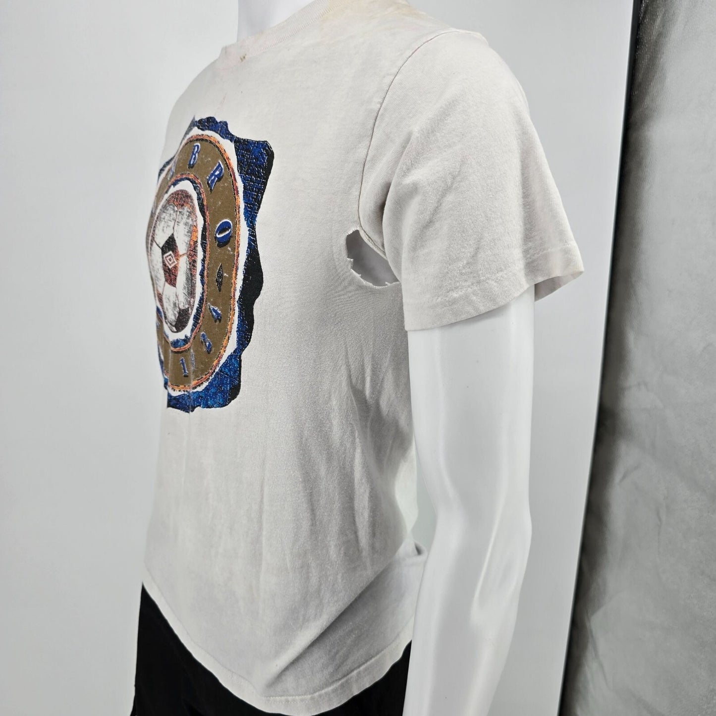 Thrashed Vintage 1990s White "Since 1924" Umbro Soccer T-Shirt (Youth Large)