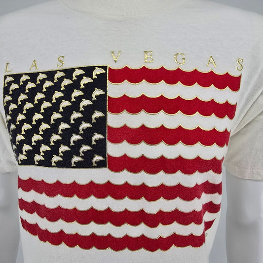 Vintage 1990s Oneita Power-T WT Las Vegas Dolphin Flag Graphic T-Shirt (M)
