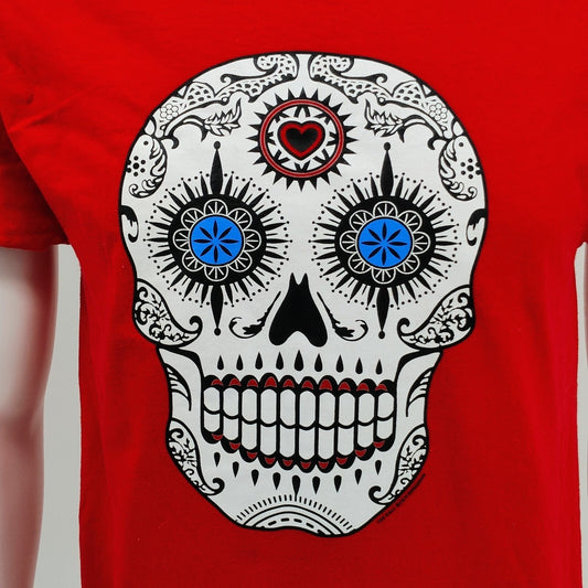 Red Sugar Skull Heart Red Graphic T-Shirt (Small)