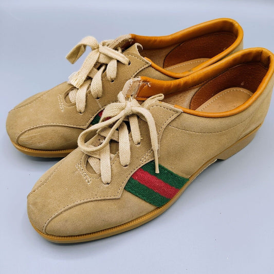 Vintage 1960s/1970s Charles F. Clark Beige Red & Green Striped Bowling Shoes (6)