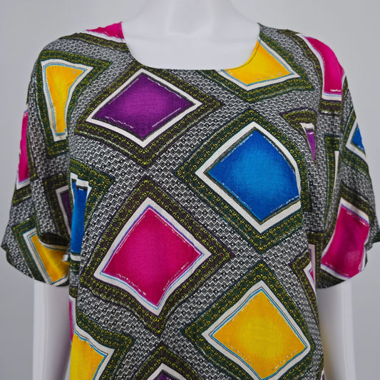 Vintage 1980s Geometric Print Glitter Paint Dolman Sleeve Caftan Dress (OS)
