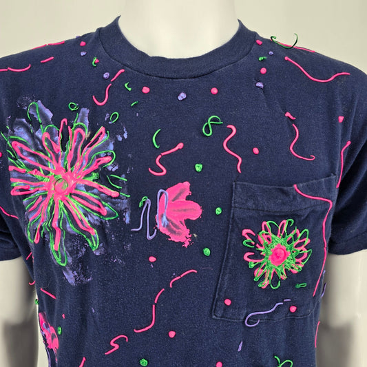 Vintage Late 1980s BVD Abstract Floral Neon Puff Paint Pocket T-Shirt (L/XL)