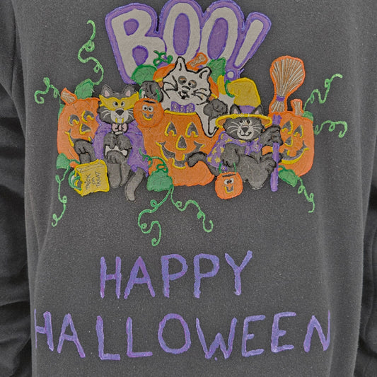 Vintage 1990s Jerzees "Boo!" Happy Halloween Cats and Pumpkins Sweatshirt (L)