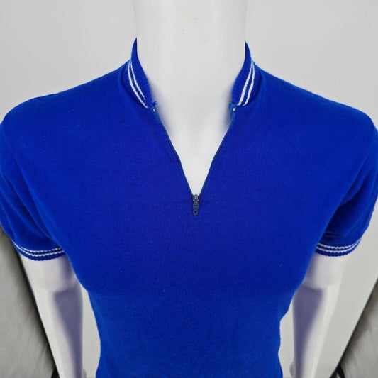 Vintage 1970s Au Tour De France Quarter Zip Knit Blue Cycling Jersey (Small)