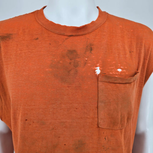 Thrashed Vintage 1990s "Davis Excavating" Orange Cut Off Pocket T-Shirt (XL)