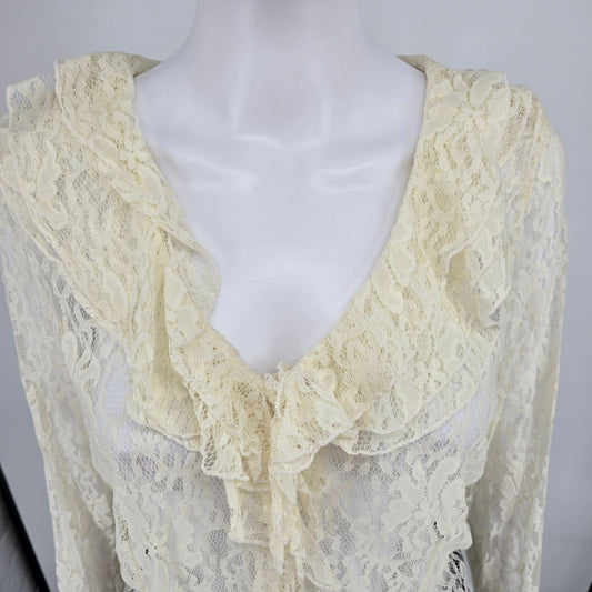 Vintage 1990s Unbranded Cream Floral Lace Bell Sleeve Button Up Blouse Top (L)