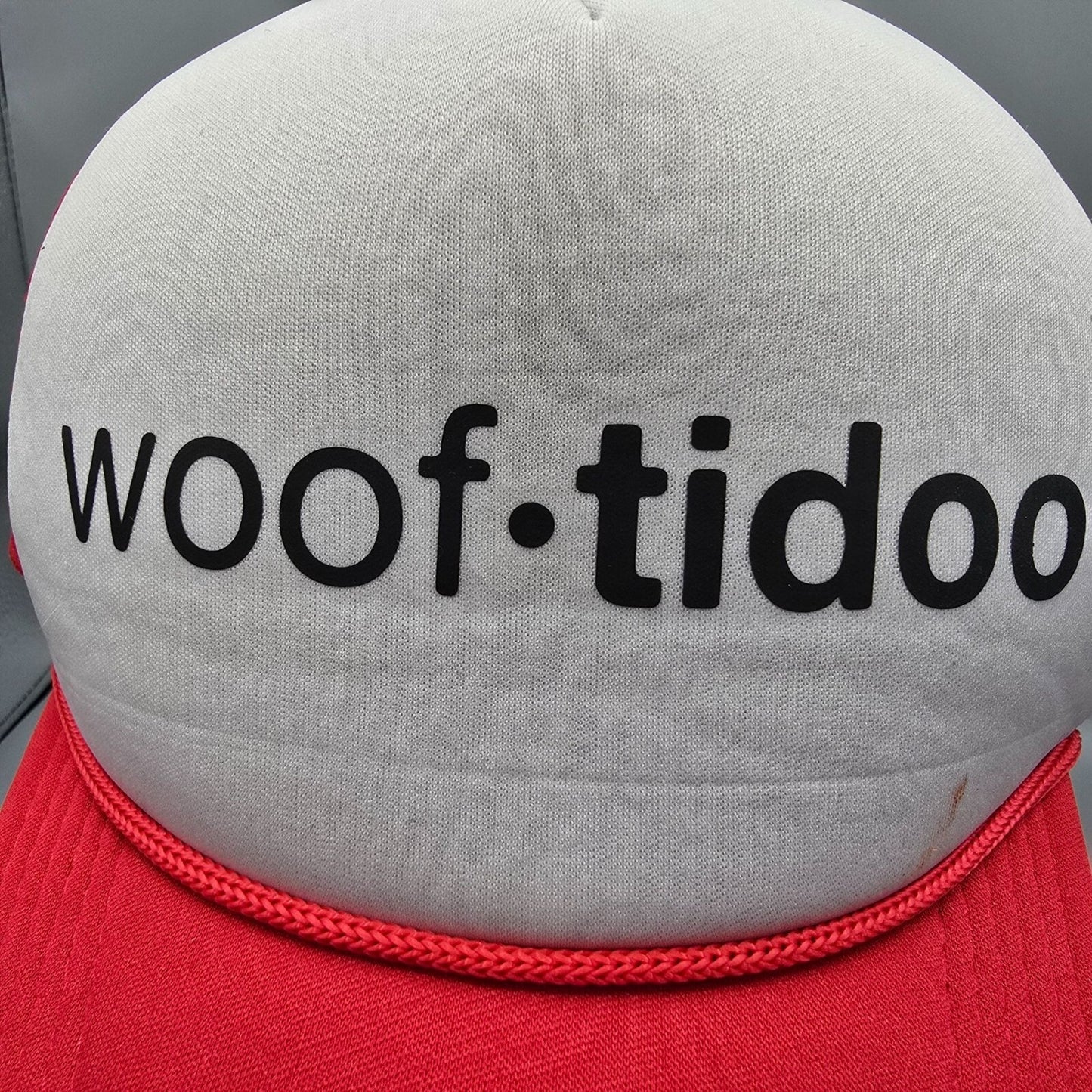 Woof Tidoo Red & White Mesh Back Adjustable Snapback Trucker Hat *Stain