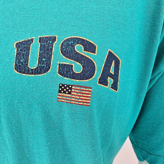 Vintage 1990s Teal FOTL Best USA American Flag Single Stitch T-Shirt (XL)
