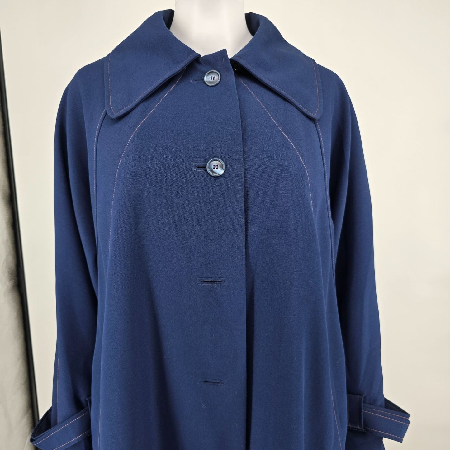 Vintage 1970s Union Made Navy Raglan Dress Coat w/ Rainbow Stripe Lining (L/XL)