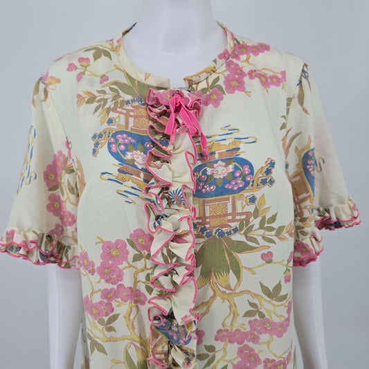 Vintage 1950s Chinoiserie Floral Print Ruffled Hostess Gown/House Dress (XXL)