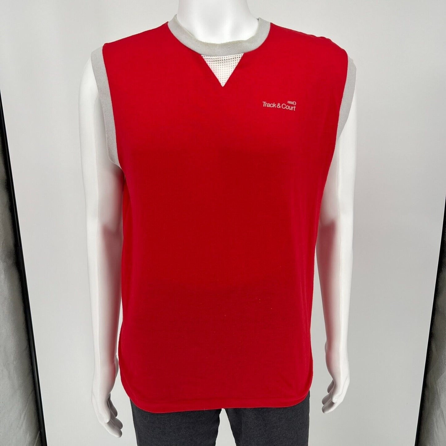 Vintage Red 1980s "Track & Court" Sleeveless Shirt (Large)